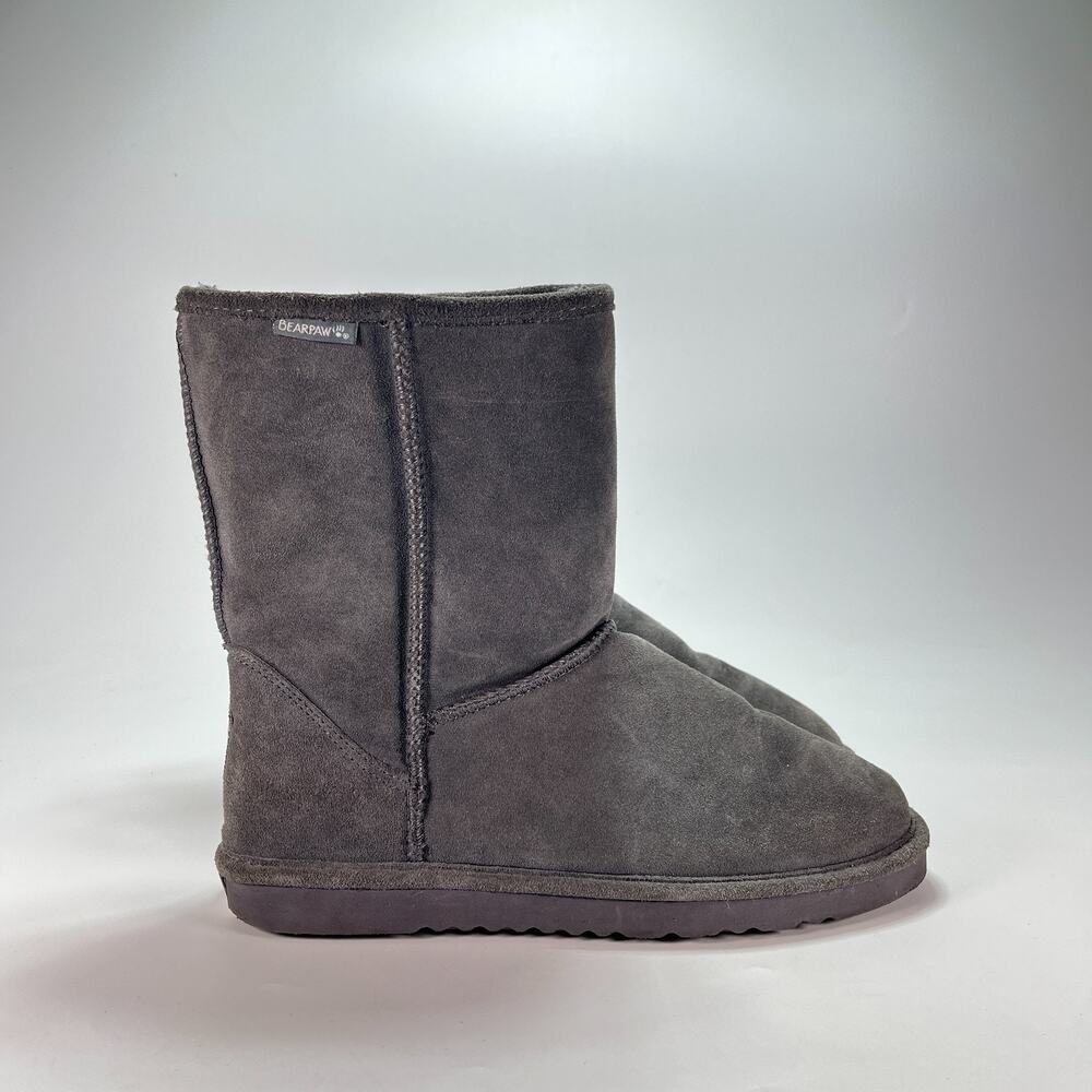 Bearpaw Emma Short Charcoal Grey Mid Calf Suede Shearling Boots Women's Size 12